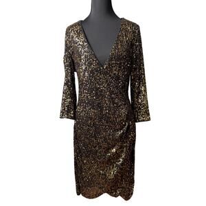 Marc New York Gold Black Sequin Surplice Tulip Wrap Stretch Dress 3/4 Sleeve 12
